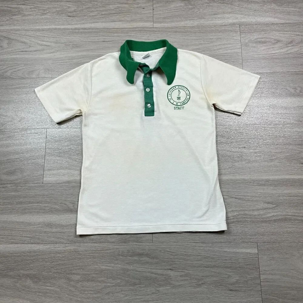 Vintage Champion Shirt Mens Small White 70s Polo Retro Staff